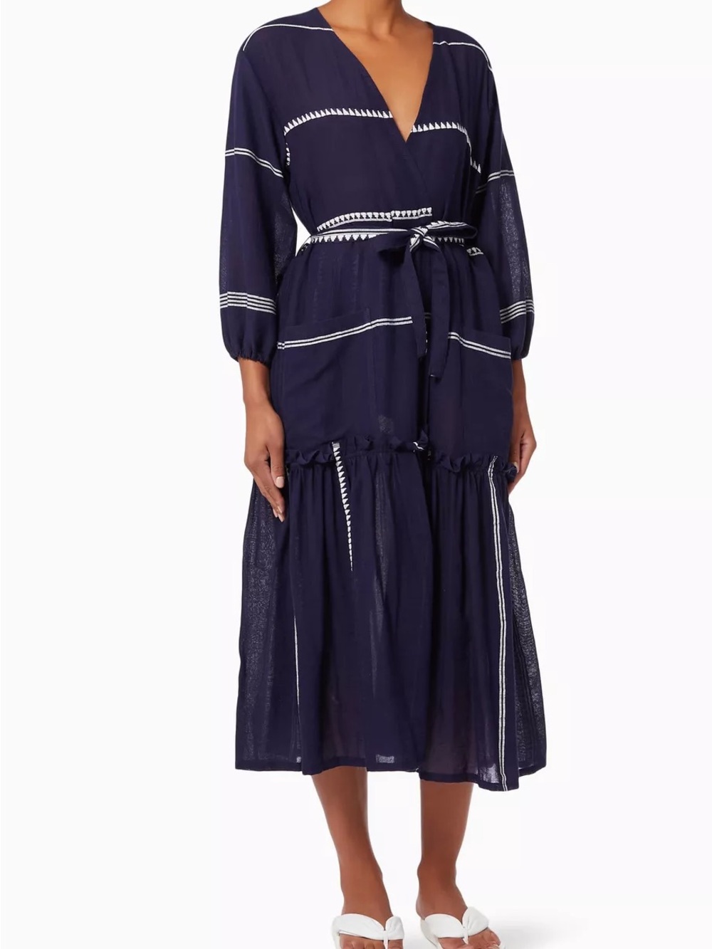 Lemlem Nunu Long Navy & White Robe or Wrap Dress with White Tribal Embroidery S